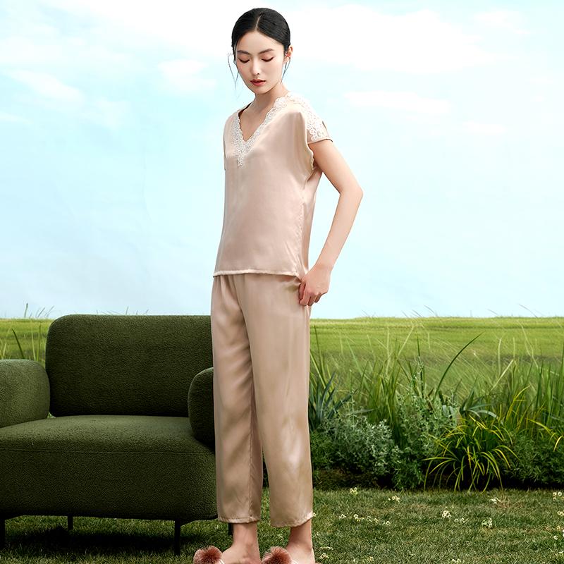 100% Mulberry Silk High-End Fashion V-Neck Off-Shoulder Sleeves Long Pants Home Suit Set for Women