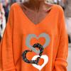 Women Casual T-shirt V-neck Long Sleeve Pullover Tops Rhinestones Heart Pattern Loose Fit Tee Shirt Streetwear