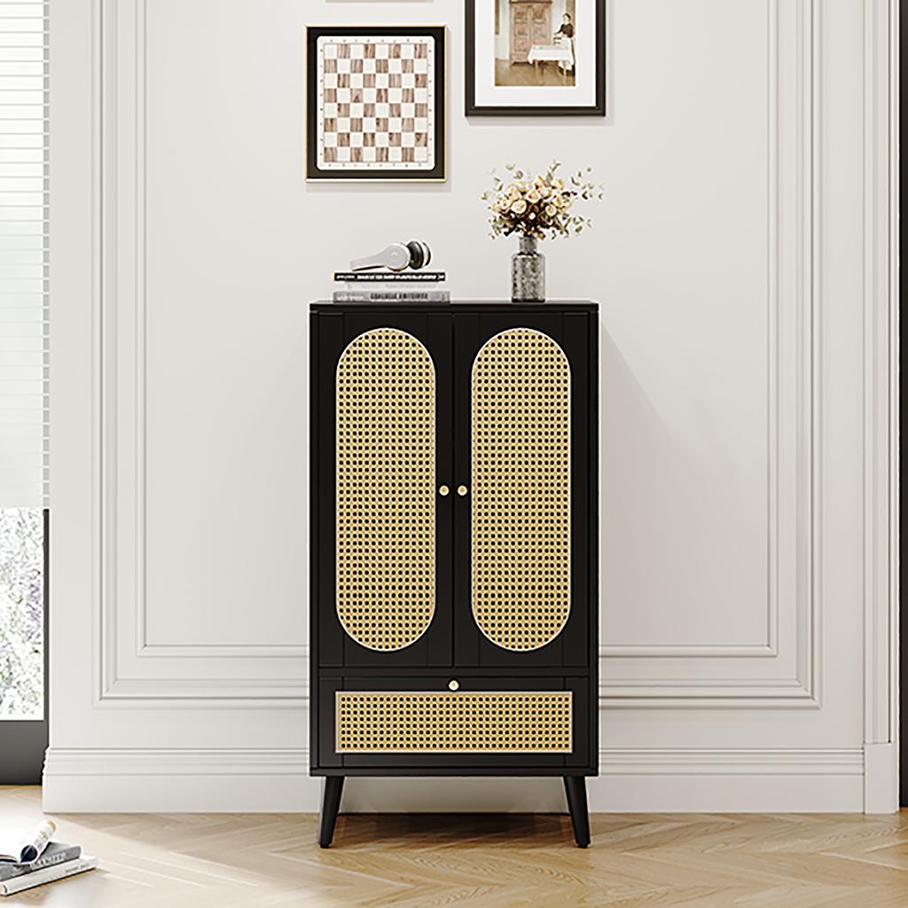 Compact Sideboard (1,1m), Rattan Design, Black, 2 Doors, 1 Drawer, Highboard, Dining Room Cabinet, Bookshelf, - Versatile Storage Solutions