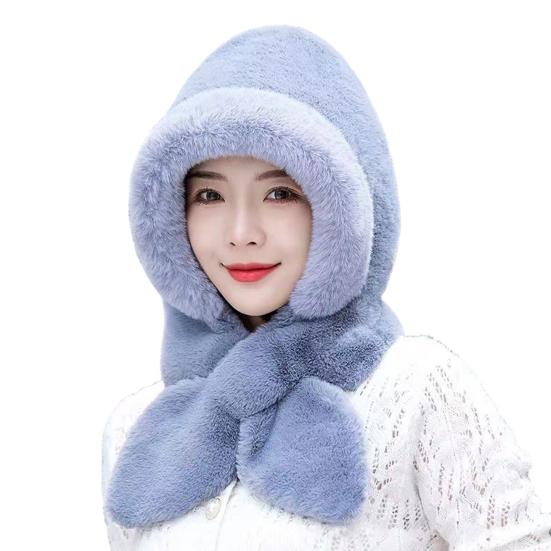 Autumn Winter Warm Hat Plush Lining Windproof Integrated Headwear Scarf for Women Cold Protection 3-in-1 Neck Ears Warmer Plush Hat for Motorcycle EMA