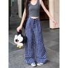 Blue Retro Gingham Early Autumn High Waist Loose Casual Pants