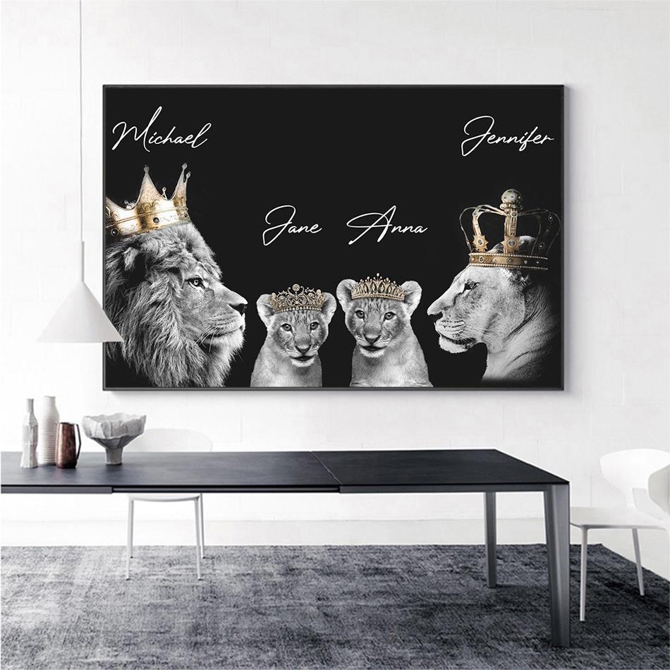 Семья льва, Корона, принт, холст, картина, галерея, Настенный декор, постеры, абстрактные животные с автографом, черно-белые фотографии, подарок