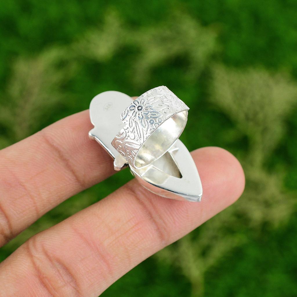 Gift For Her 925 Silver Natural Scolecite Promise Skull And Bone Adjustable Ring