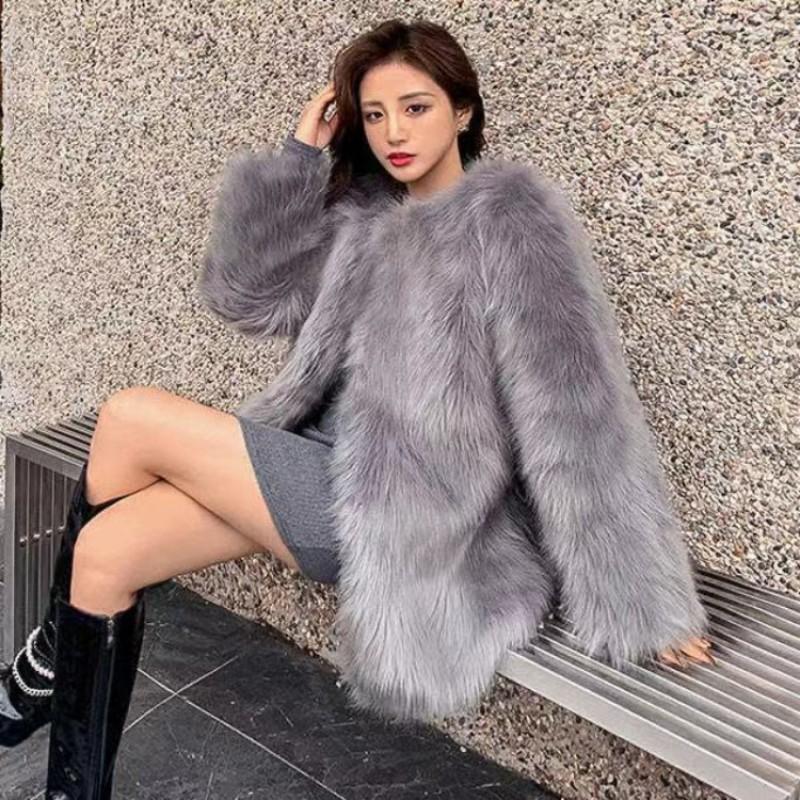 Womens Faux Fox Fur Coat Mid-Length Plus Size Elegant Winter Outerwear Black Gray White Pink