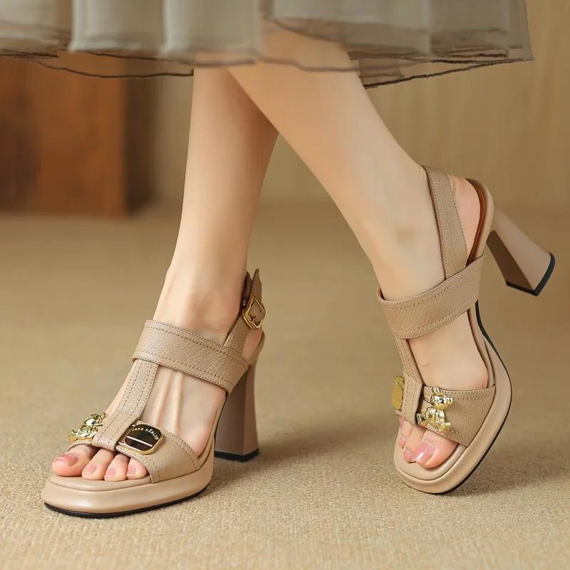 Fashion Women's Fashion Sandals Metal Decoration One-line Buckle Square Heel Shoes Women Dress 2025 French Square Toe Sandalias De Mujer