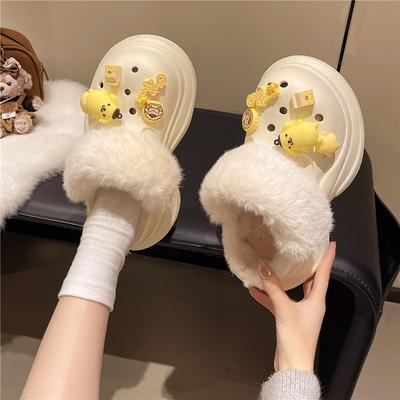 Мультяшные аксессуары пушистые шлепанцы на платформе для девочек сумка голова тапочки осенне-зимняя мода нишевые милые теплые хлопковые шлепанцы