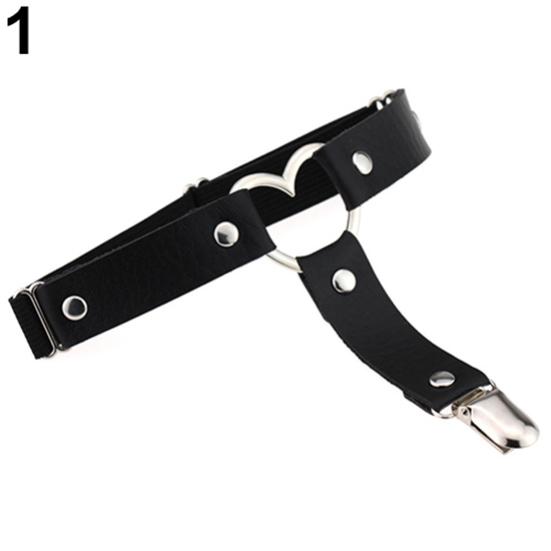 Punk Garter Solid Color Free Adjustment Faux Leather Heart Shape Leg Garter for Club