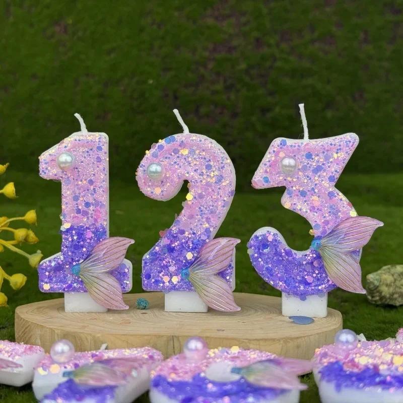 Фиолетовый хвост русалки с блестками, цифры 0-9, свечи для дня рождения, украшение для торта, хвост рыбы, свадьба, подарки для мальчиков и девочек