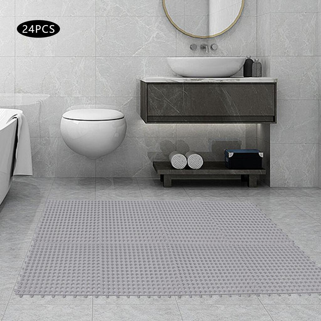 Набор из 24 взаимосцепляемых ковриков для ванной, Нескользящие ПВХ напольные плитки, 11,8 дюйма x 11,8 дюйма Мягкий водонепроницаемый коврик для душа, Дренажные отверстия, Толщина 1 см