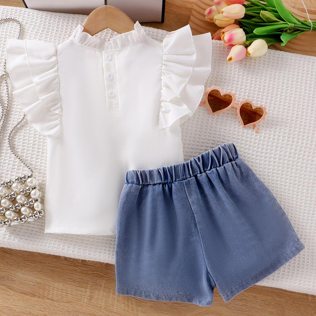 Детский модный костюм для девочек, летний, с рукавами-крылышками, кружевным воротником, джинсовыми кружевными шортами, костюм из двух частей