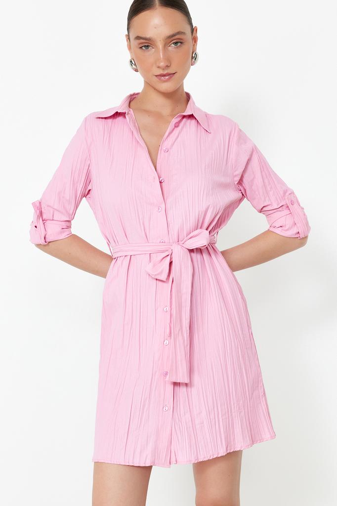 Women's Fashion New Dress Green Belted Fabric Textured Mini Woven Shirt Dress