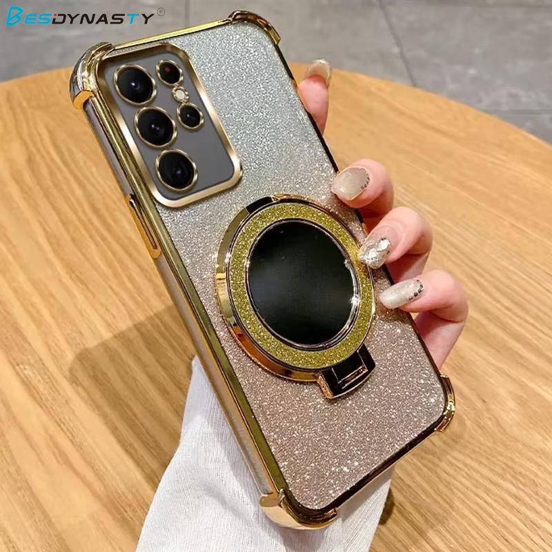 Блестящий чехол-подставка с зеркалом для Samsung Galaxy A17 A36 A16 A06 A26 A56 A55 A35 S25 Ultra S24 FE A25 Магнитная подставка Прозрачная крышка