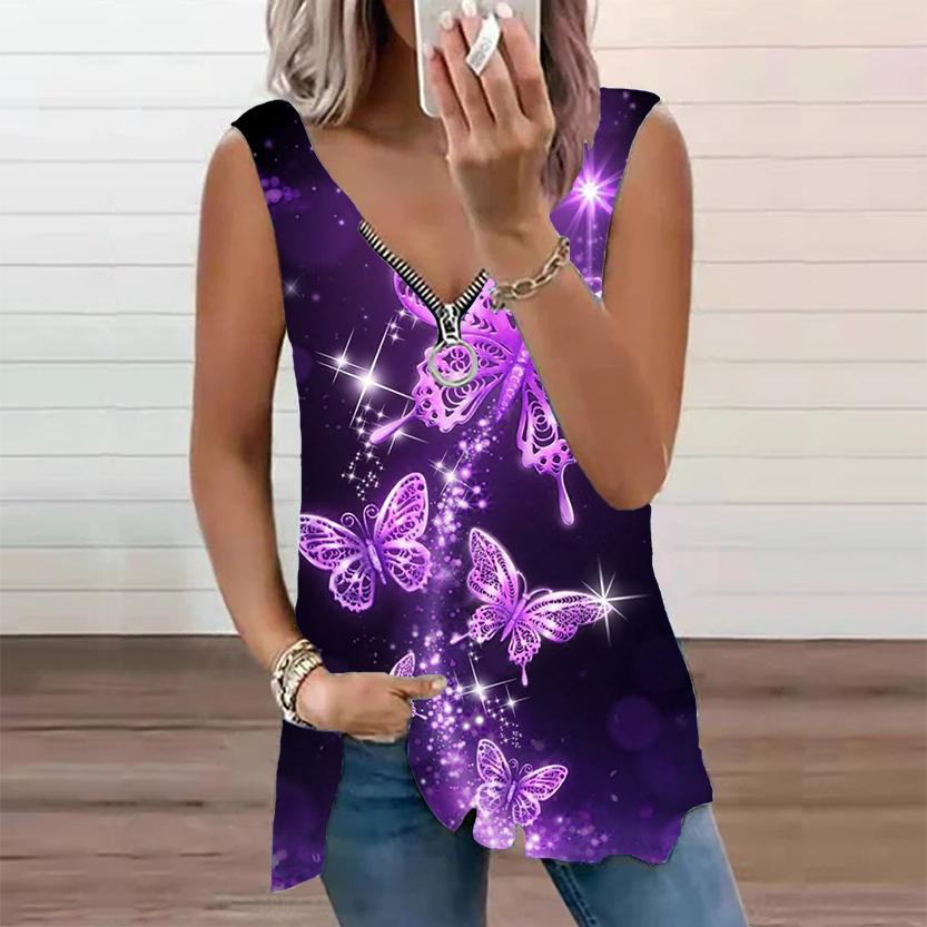 Женский топ, летний новый модный повседневный топ с золотым принтом бабочки размера плюс, топ без рукавов на молнии с v-образным вырезом, майка