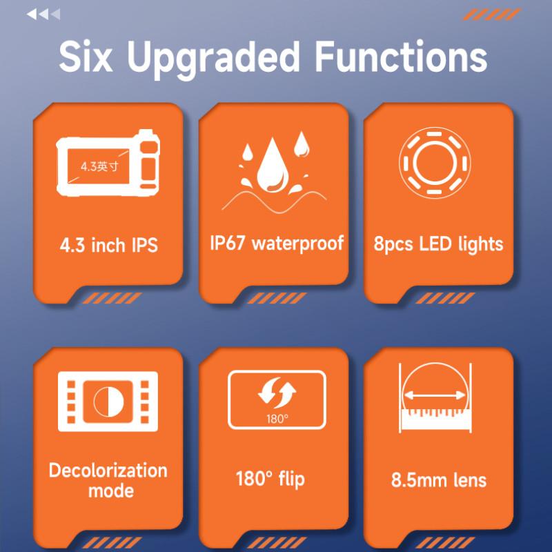 Промышленная эндоскопическая камера с 4,3-дюймовым IPS-экраном, 8 мм, HD1080P, 8 светодиодов, гибкий зонд, для ремонта автомобилей, однообъективный инспекционный бороскоп
