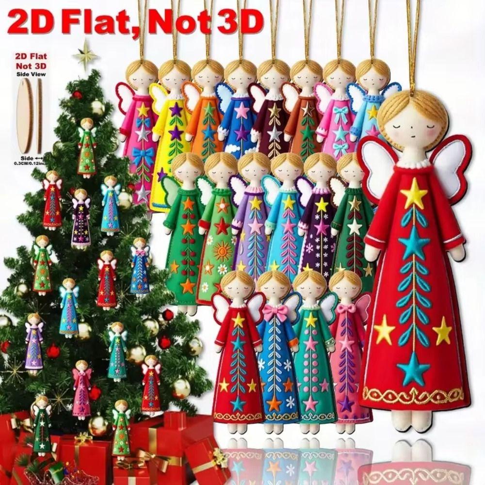 8Pcs New 2D Christmas Angel Pendant Flat Decorative Pendant Christmas Wooden Pendant Christmas Tree Top Decoration Home Ornament
