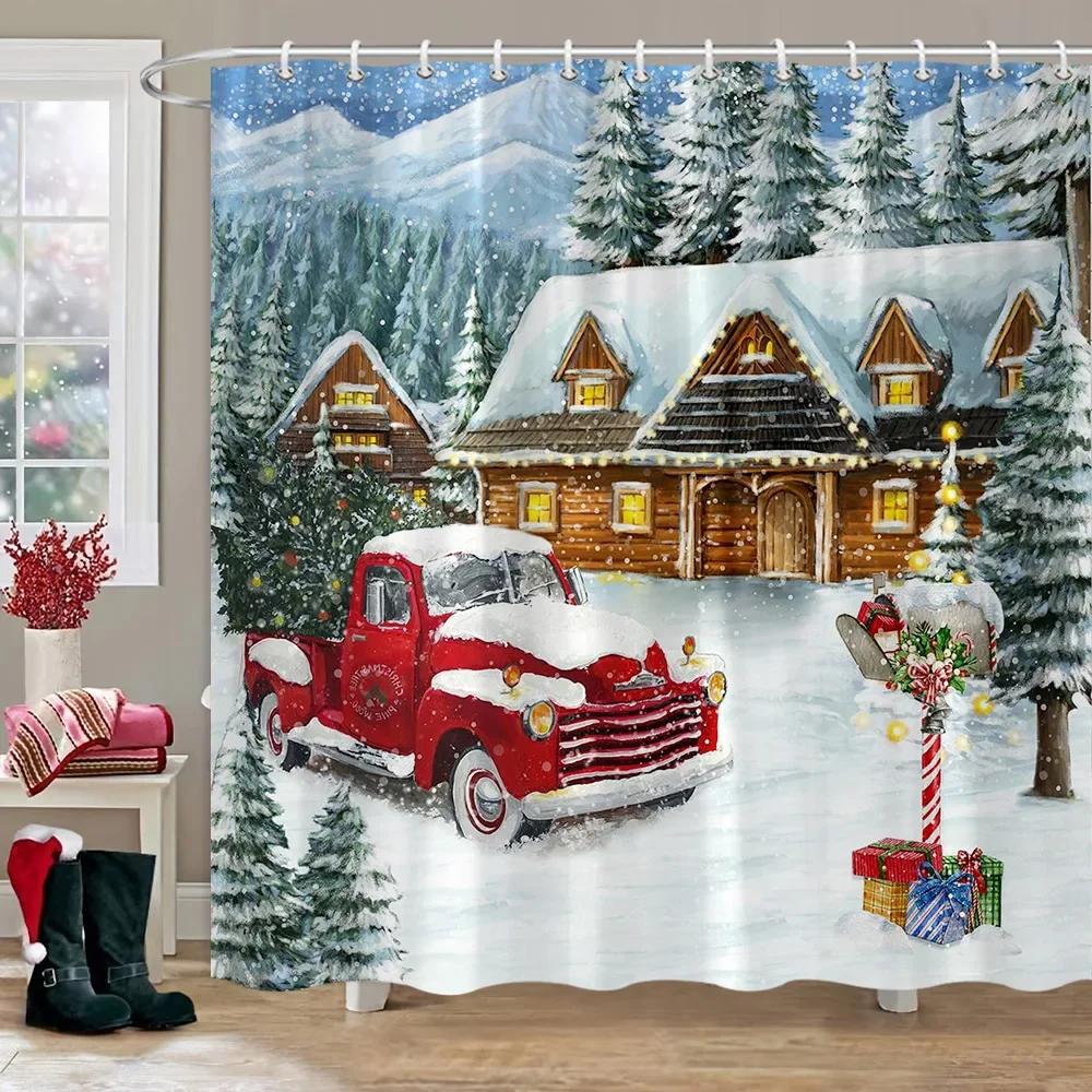 Merry Christmas Shower Curtain Winter Red Truck Snowman Reindeer Snow Farmhouse Shower Curtain Washable Polyester Bathroom Decor