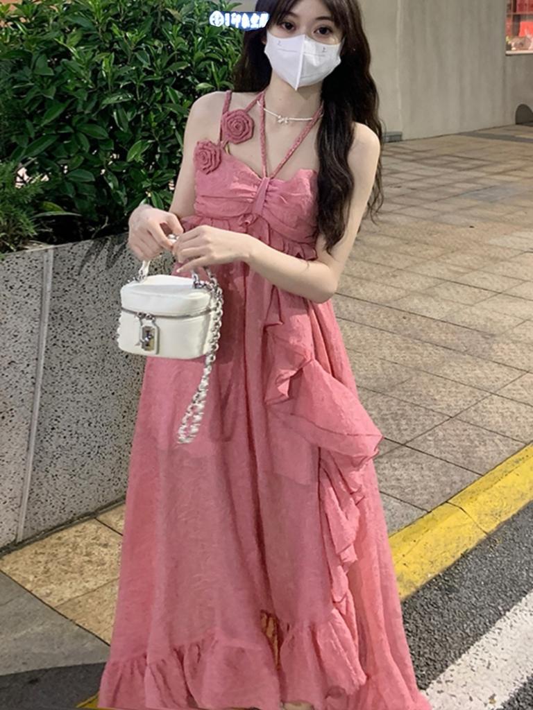 Летнее платье с открытой спиной, элегантное розовое, с цветочным принтом, облегающее, с жаккардовым узором, А-силуэта, праздничные платья для женщин