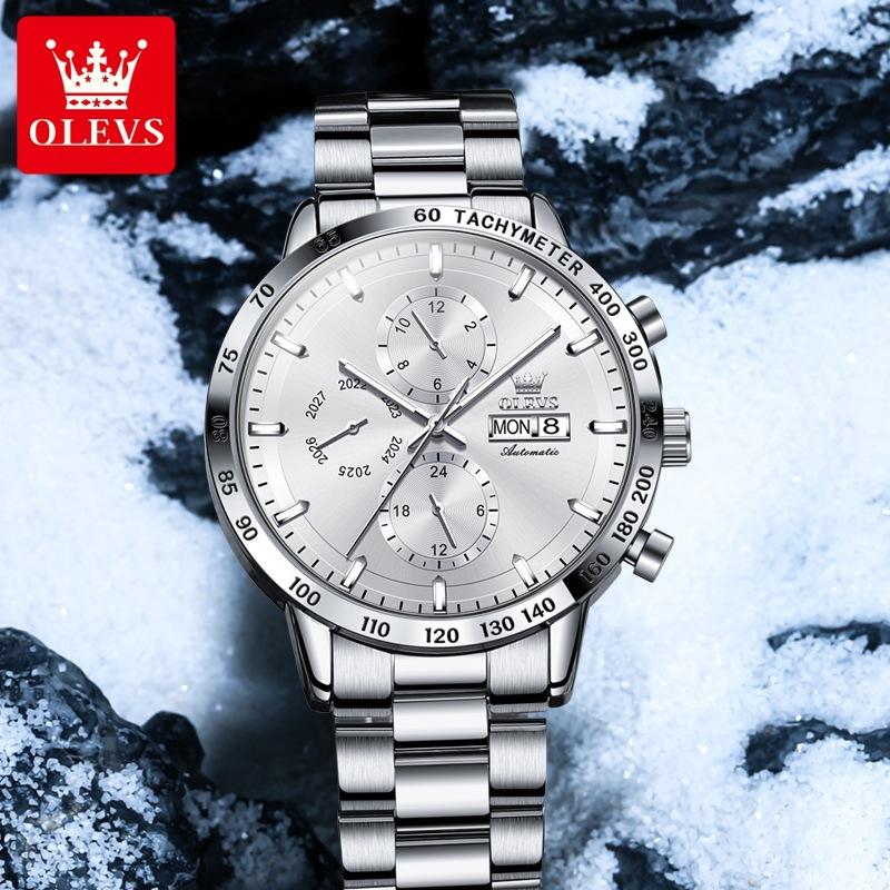 OLEVS Брендовые деловые повседневные модные автоматические механические часы с тремя глазами, мужские часы