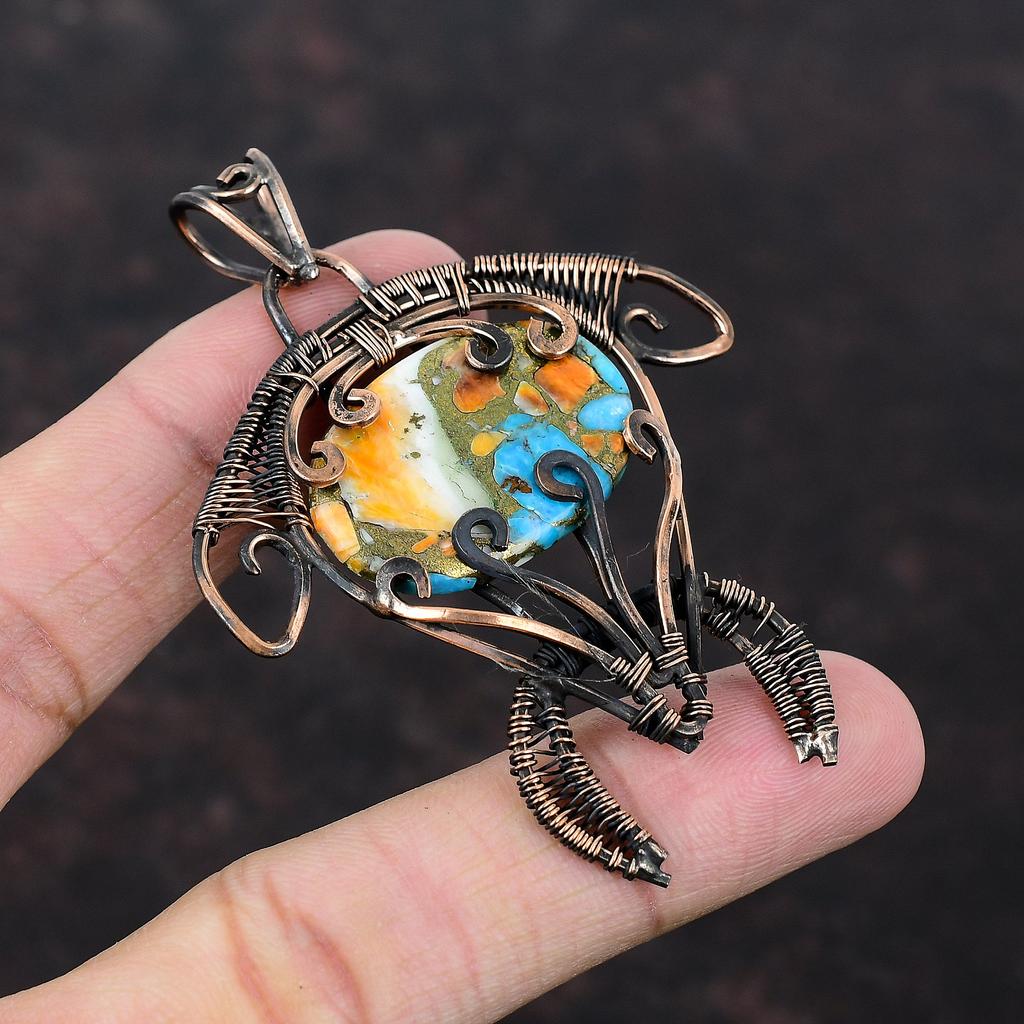 Колючая устрица, медный бирюзовый кулон, медная проволока, кулон, кулон ручной работы с драгоценным камнем, медные украшения, подарок на помолвку, кулон в виде черепахи