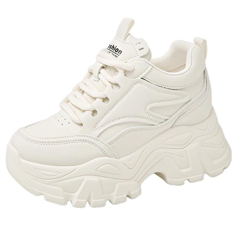 Женские кроссовки на массивной платформе смешанных цветов, на шнуровке, с толстой подошвой, вулканизированная обувь, женские спортивные туфли из искусственной кожи, нескользящие
