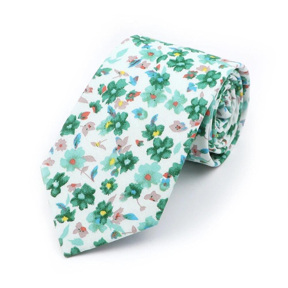 Floral Tie, For Men Women, 100% Cotton, Elegant Flower Necktie, White, Blue, Narrow Skinny, Wedding, Party