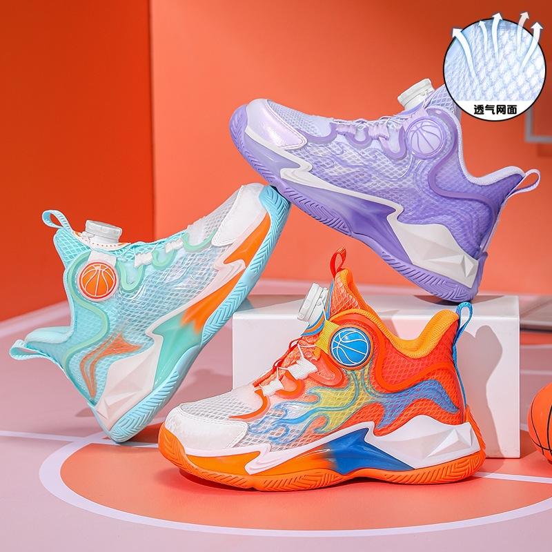 Breathable Single and Double Mesh Children's Basketball Shoes Boys 2025 Summer New Girls Non-slip Rotating Button Sneakers