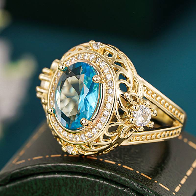 Huitan Classic Elegant Ring for Women Party Wedding Luxury Finger Accessories Gold Color Delicate Jewelry Inlaid Shiny Blue CZ