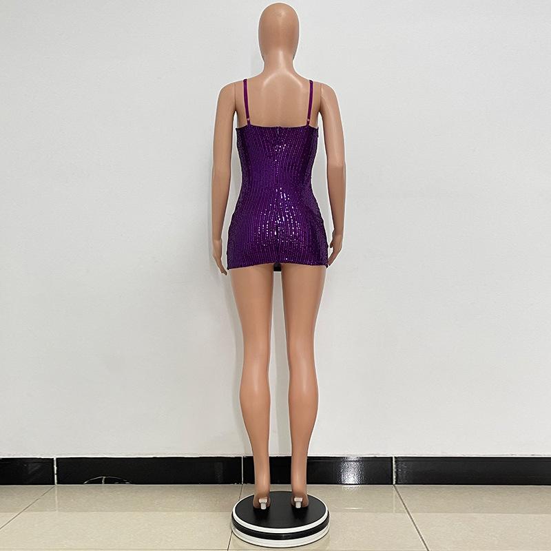 Women's Design Hollowed-out Halter Dress Sweet and Spicy Style Brooch Sequin Wrap Hip Dress