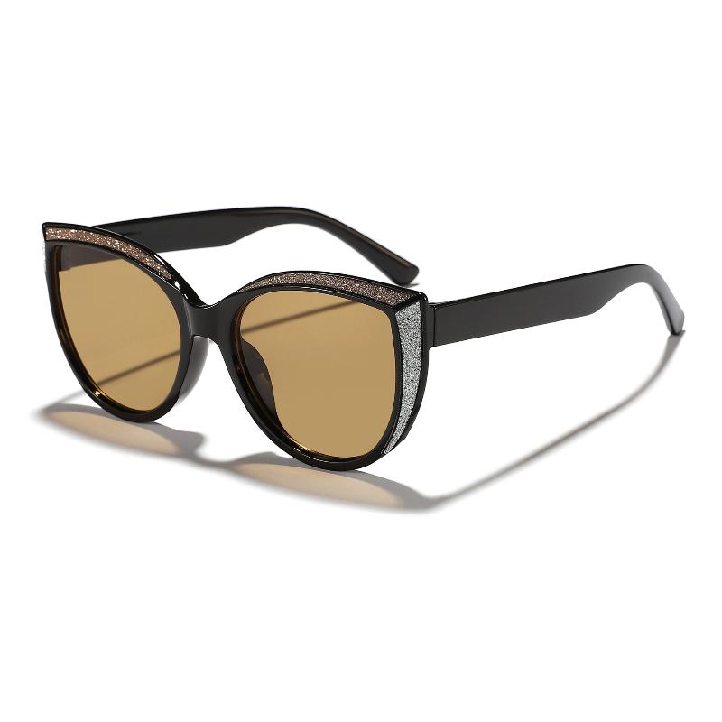 Women's Stylish Cat Eye Sunglasses with Glitter Black Frame Brown Lens for Chic Outings