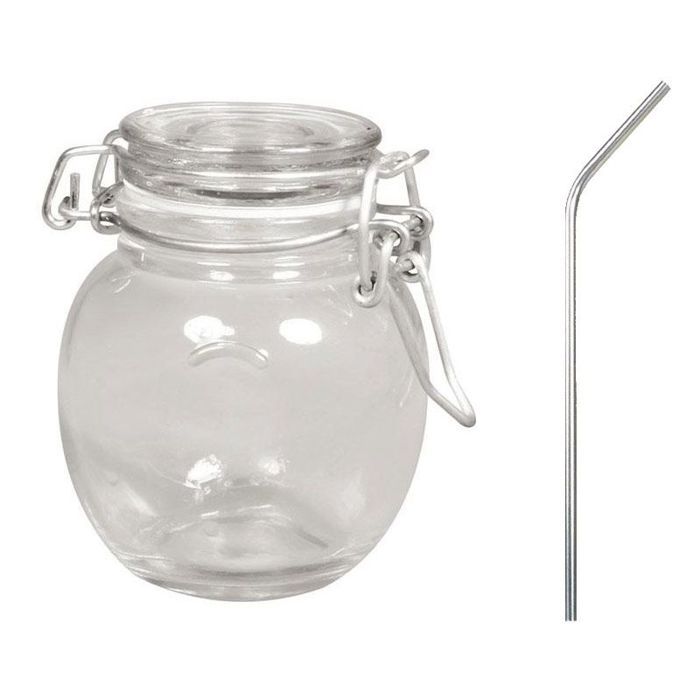 Glass Jar with Lid + 4 Stainless Steel Straws