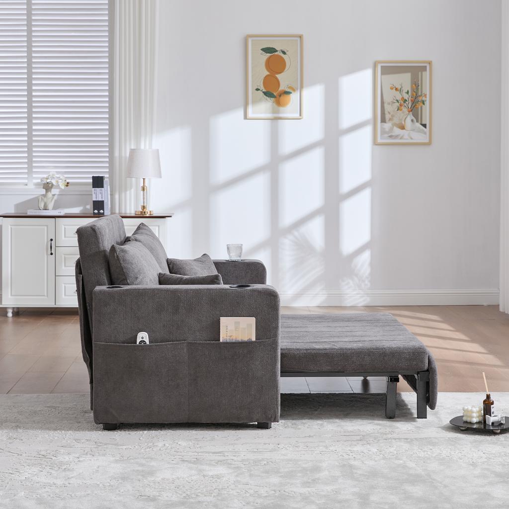 Multifunctional Fabric Sofa, Pull-Out Folding Sofa, With Storage Pockets On Armrests, USB Charging Function And Drink Holders (Grey Chenille Fabric)