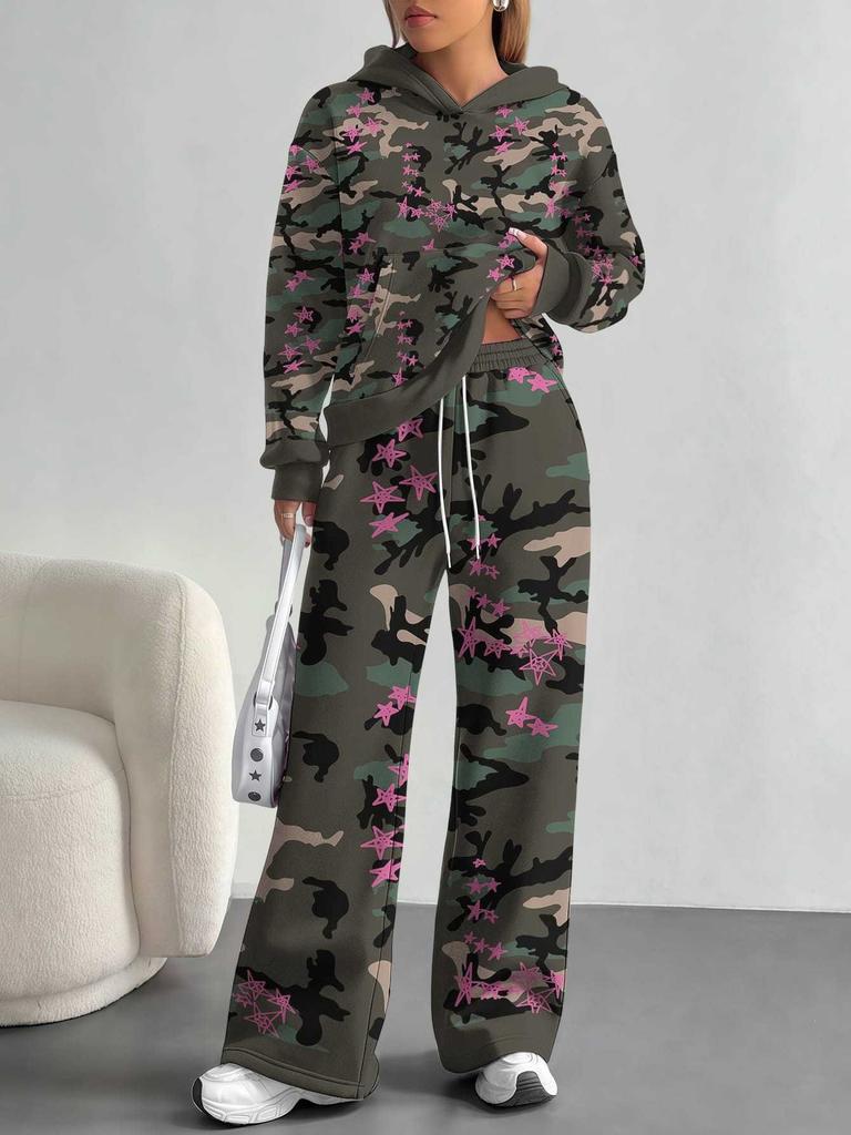 Сшитый tie-dye европейский и американский повседневный костюм с длинным рукавом женский худи с капюшоном и брюки комплект из двух предметов