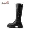Женские сапоги из натуральной кожи до колена, панк-сапоги с пряжкой на ремне, рыцарские сапоги для верховой езды, женские коричневые туфли на платформе с круглым носком и молнией