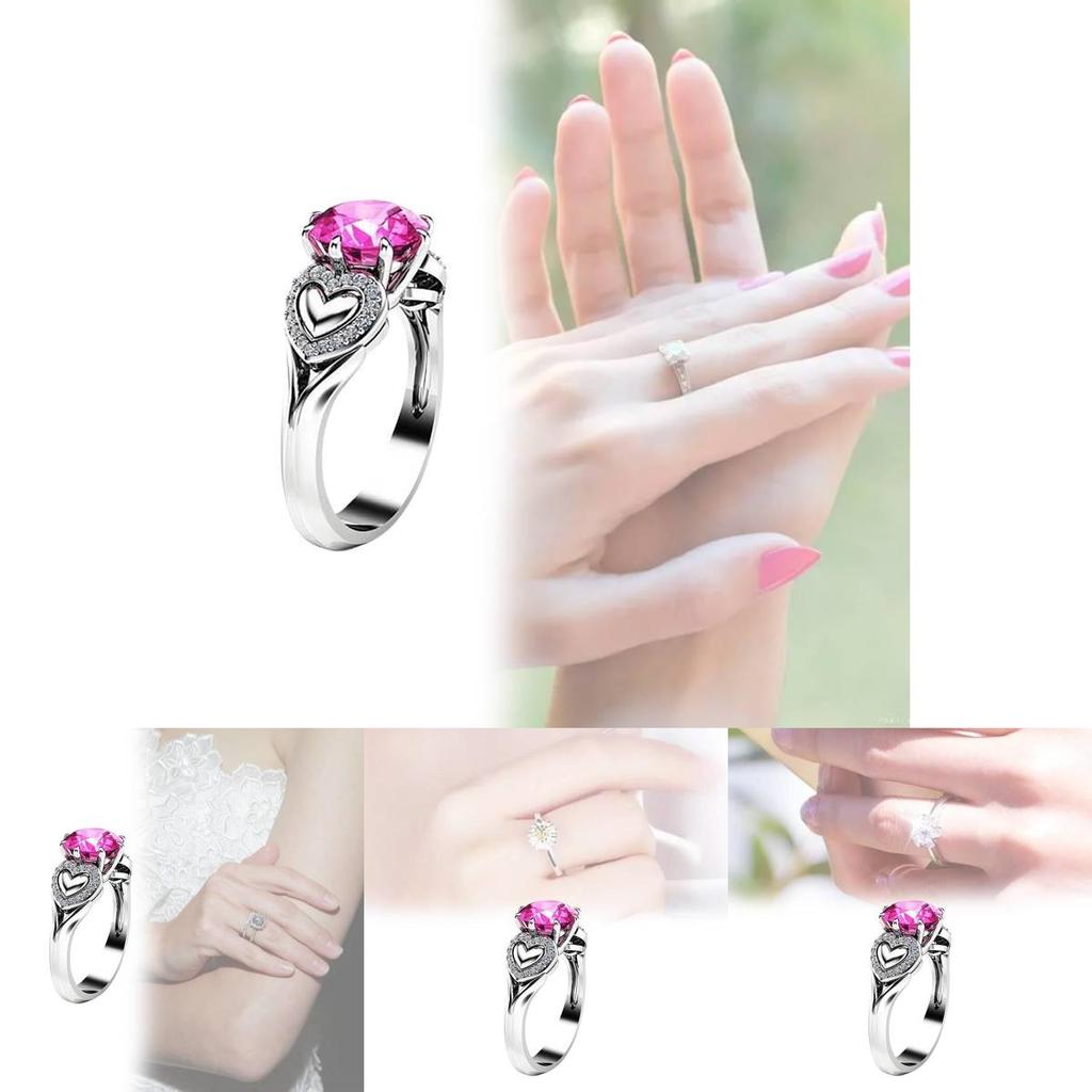 Fashionable Heart Shaped Pink Zircon Crystal Ring With Silver Plated Adjustable Band For Women