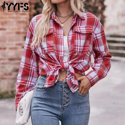 Женская мода повседневная весна-осень клетчатый принт длинный рукав воротник поло блузки и рубашки