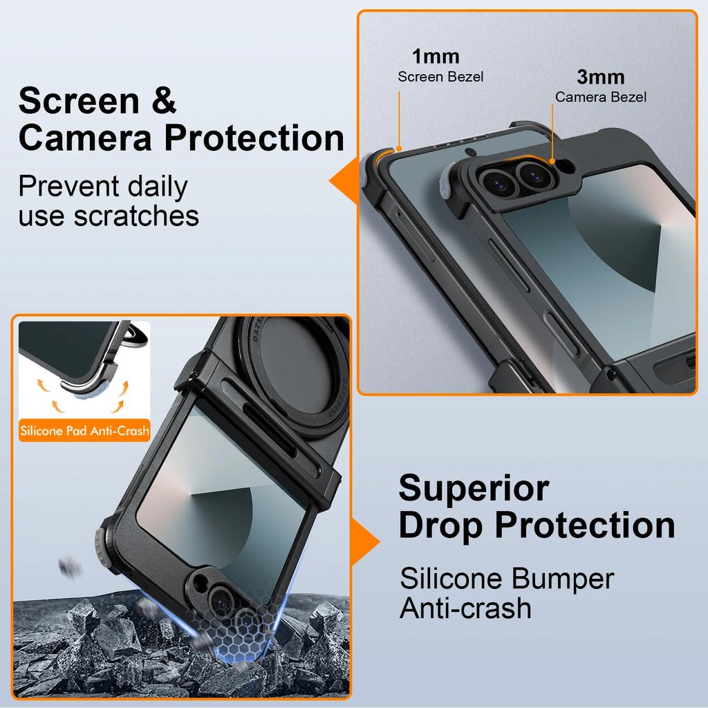 Oatsbasf Чехол для телефона Samsung Galaxy Z Flip 6 с подставкой-вращателем на 360°, металлический, безрамочный, ударопрочный, защитный
