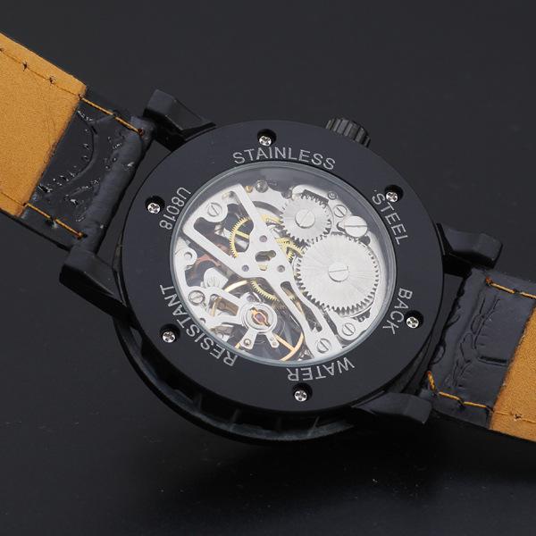 T-WINNER Gear Bezel Mechanical Watch with Hollow Dial & Leather Strap for Men and Women