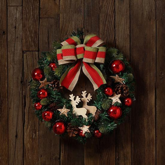 Christmas Wreath for Front Door Artificial Green Pine Needles Teardrop Swag Christmas Garland Decoration with Balls Bows Holiday Decor