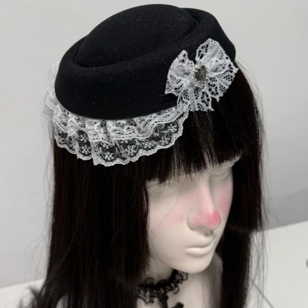 Exquisite Lace Billycock Hat Elegant Heart Crystal Round Hat Fashion Bow Pillbox Hat Party