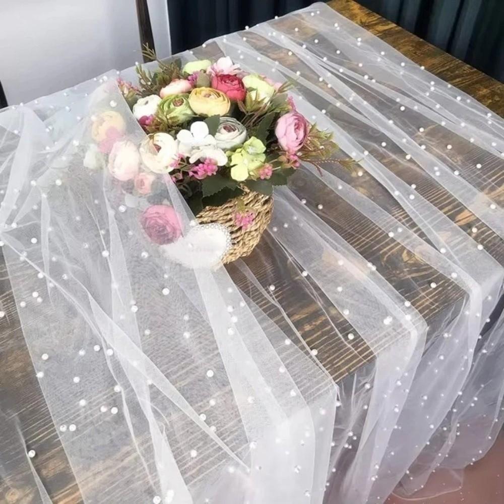 Luxury Pearl Chiffon Runner Semi-Transparent Gauze Tablecloth Dreamy Table Cover Home Decoration