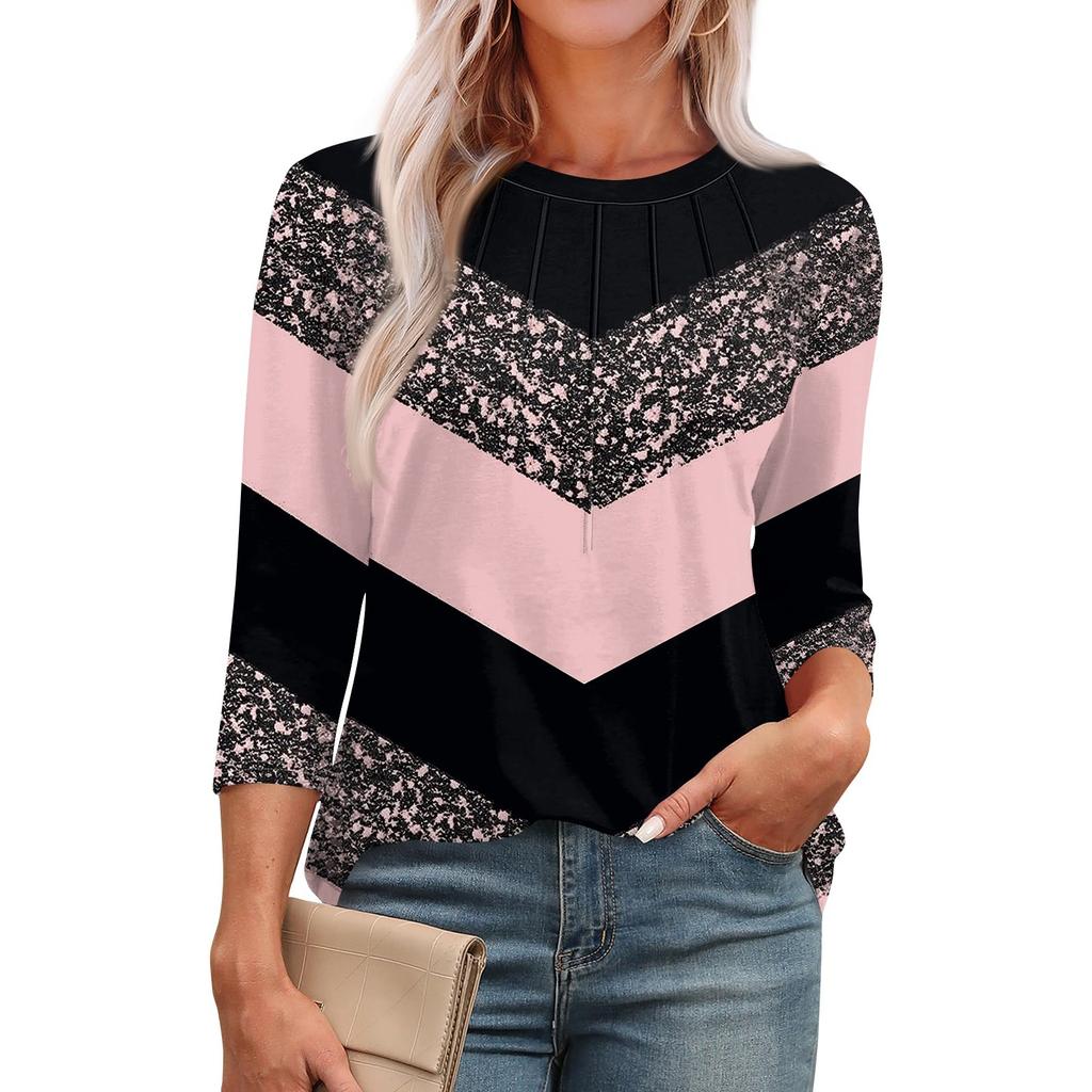 Женская модная повседневная футболка с круглым вырезом и рукавом семь четвертей в стиле ретро с принтом, плиссированная футболка