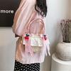 Cute Bowknot Woven Straw Handbag Beach Ruffle Lace Pearl Chain Crossbody Bag