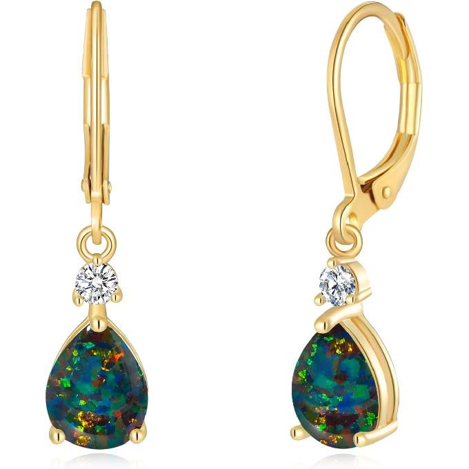 Leverback Opal Dangle Drop Earrings For Women 14K Gold Plated | 14K Gold Plated Teardrop Earrings, Hypoallergenic, Gift for Wedding/Birthday/Mom/Wife