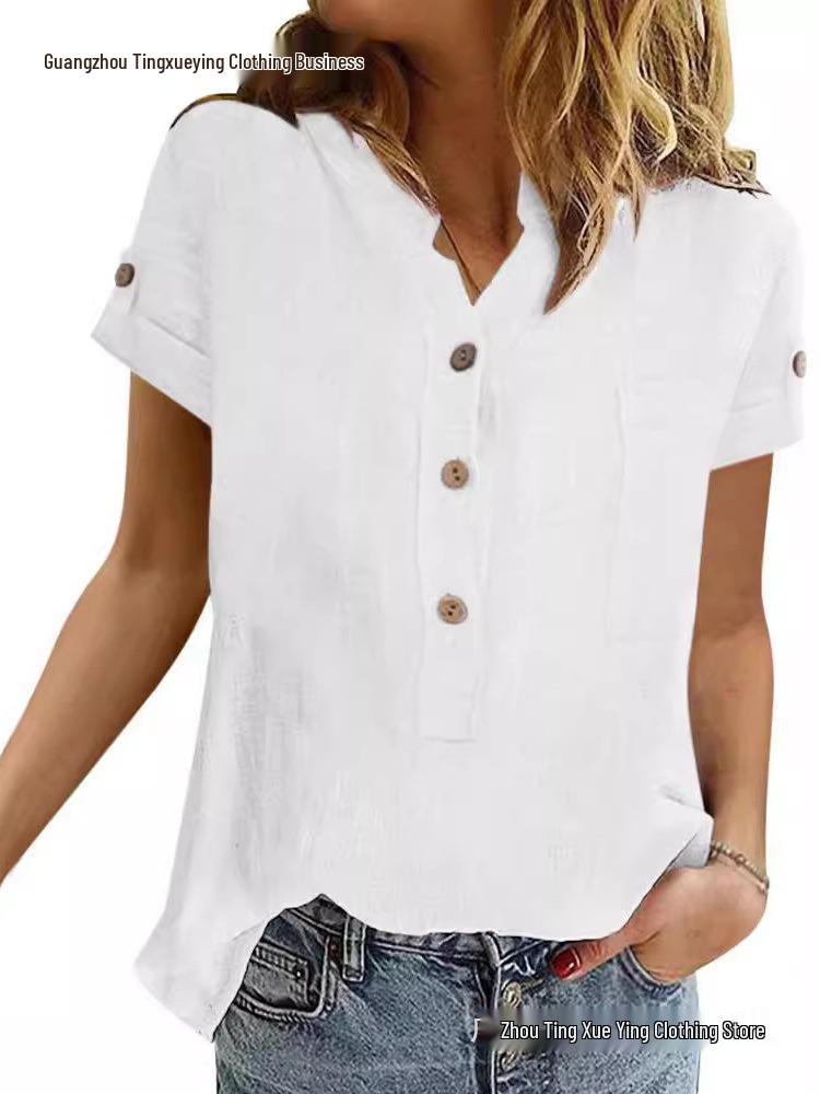 Women's Summer Retro Patchwork Cotton Linen V-Neck Button Short Sleeve Top