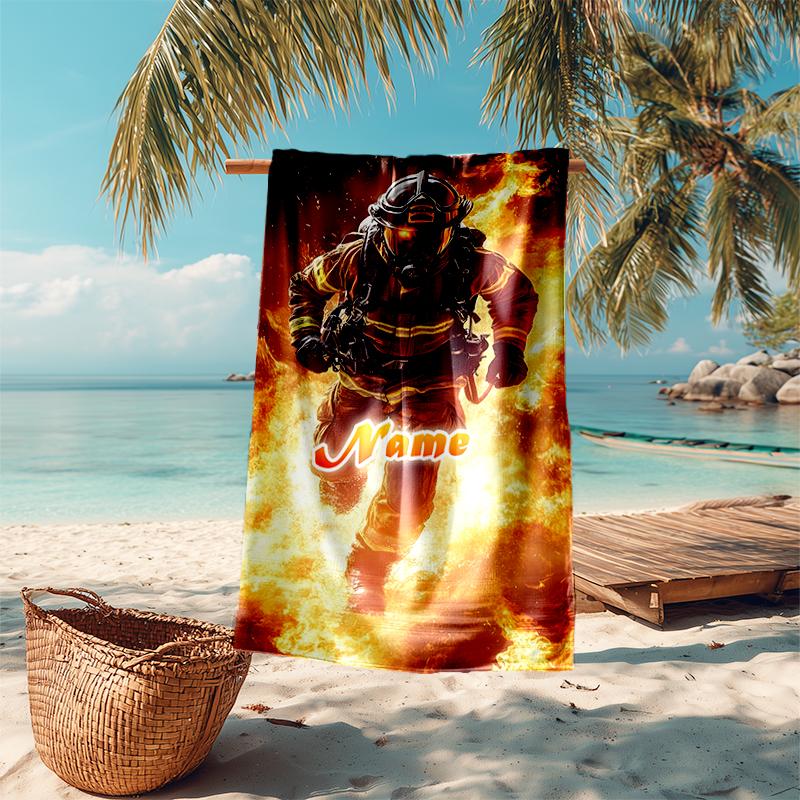 1PC Custom Name Firefighter Bravery Flames Beach Towel Highly Absorbent And Sand-Resistant Towel for Swimming, Pool, Yoga, And Travel Lightweight
