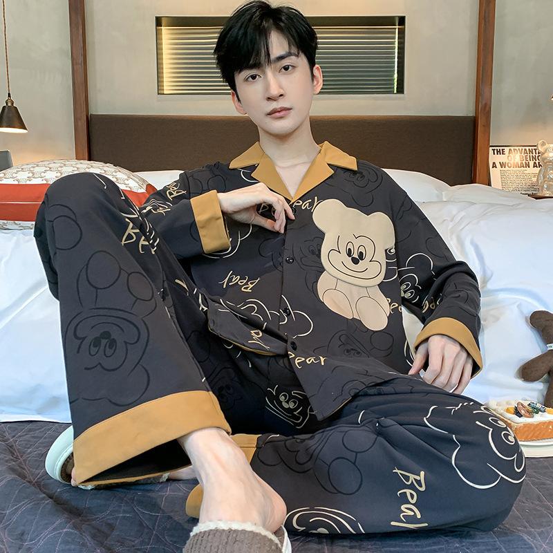 Хлопковая мужская пижама весна-осень с длинными рукавами ночная рубашка новый кардиган в клетку домашняя одежда для сна одежда для отдыха