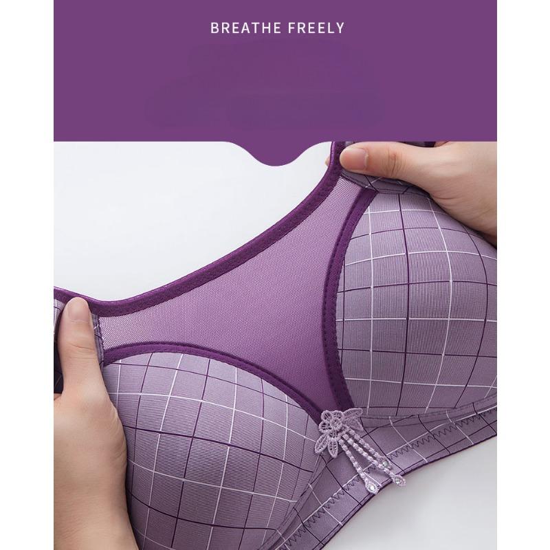 Wire Free Plaid Thin B C 3/4 Cup Women Large Size Bra Adjustable Lace Transparent Gather Push Up Wireless Bras Sexy Lingerie