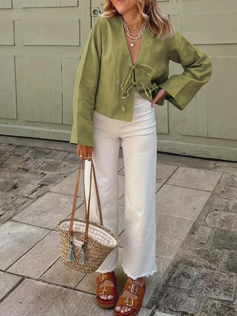 Женская рубашка Commuter Shirt с длинным рукавом, V-образным вырезом, шнуровкой, однотонная