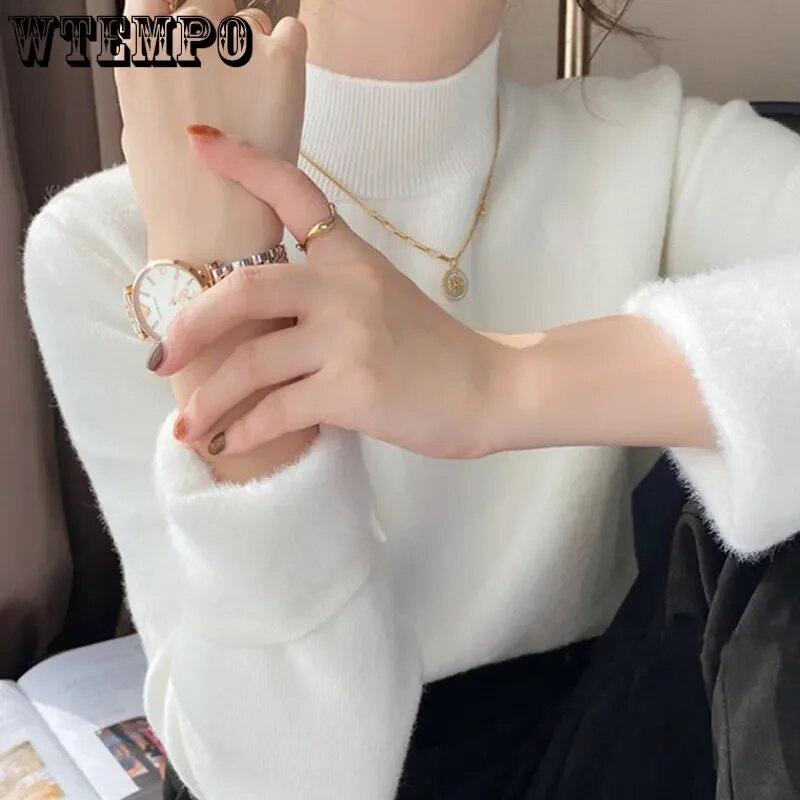 WTEMPO Винтажные зимние свитера с высоким воротником, новый повседневный вязаный пуловер, модный толстый теплый трикотаж на флисовой подкладке, женские бархатные топы