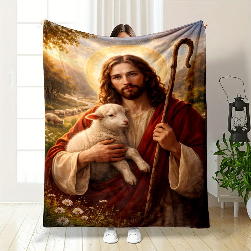 "Shepherd Holding Lamb Pastoral Scene"Flannel blanket for bedroom, living room, sofa, and nap